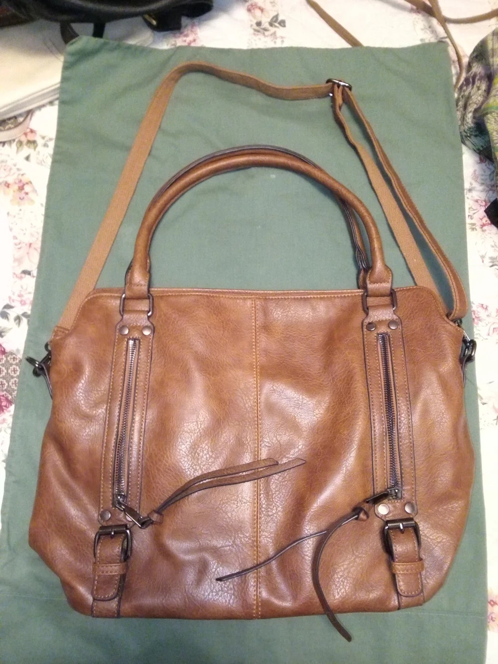 Source Unknown Tan Brown Faux Leather Shoulder Bag with Dual Zips